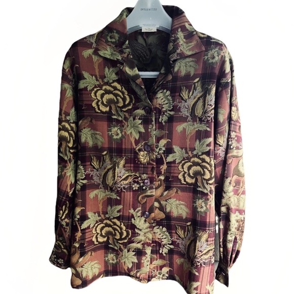 JAEGER Vintage Grate Britain 💯 Wool Brown Checked Floral Shirt Blouse Button Up - Picture 14 of 14